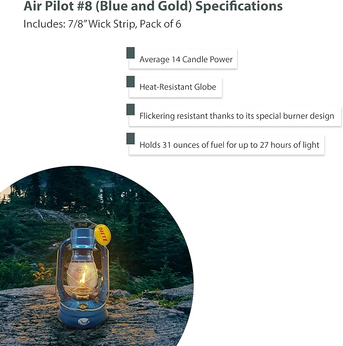 Light of Mine - Dietz #08 Air Pilot Blue with Gold Trim Oil Lantern with 7/8" Replacement Wick Strips (Blue with Gold Trim)