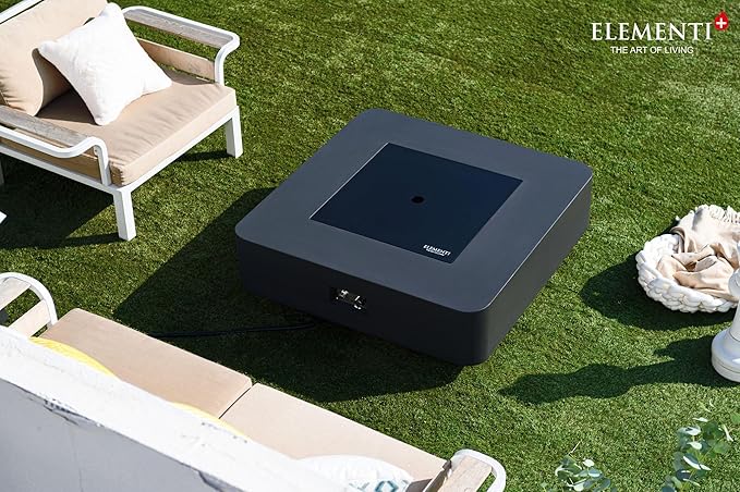 Elementi+ | Bergamo Gas Fire Pit Cast Concrete 42" Square Fire Table, Outdoor Fire Pit Electronic Ignition | Canvas Cover, Fire Glass and Burner Lid Included | Dark Gray | Natural Gas