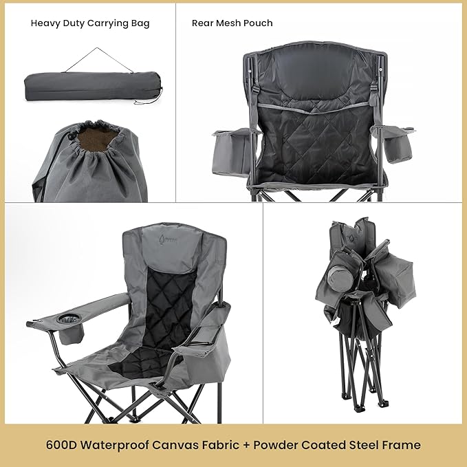 ARROWHEAD OUTDOOR 2-Pack Portable Folding Camping Quad Chair w/ 6-Can Cooler, Cup & Wine Glass Holders, Heavy-Duty Carrying Bag, Padded Armrests, Headrest & Seat, Supports up to 550lbs