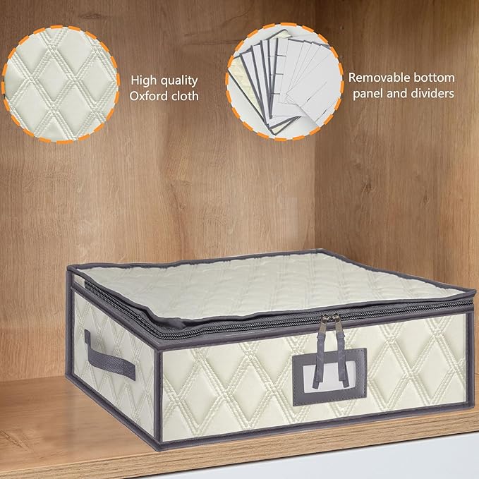 VERONLY Mug and Cup Storage Box with Dividers - 1 Pack China Storage Bin Containers Holds 12 Glassware, Stackable Coffee Mug Organizer Bin and Tea Cup with 2 Metal Zipper,Label and Handles