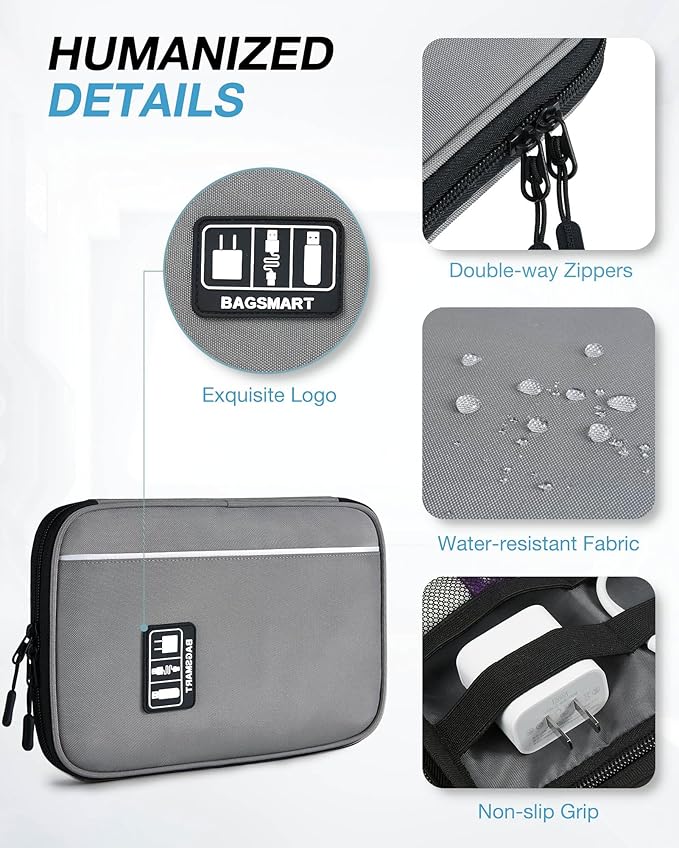 BAGSMART Electronics Travel Organizer Case, Compact Cable Organizer Bag for Phone Accessories, Power Bank, SD Card Storage, Grey