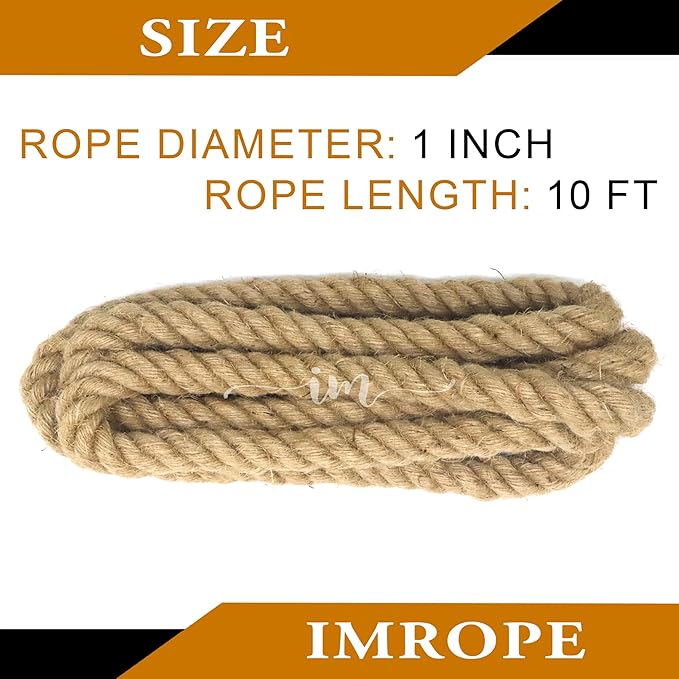 Jute Rope 1 Inch x 10 Ft, IMROPE Natural Jute Rope Twisted 4 Strands for DIY Arts Crafts, Garden, Home Decorating, Hammock