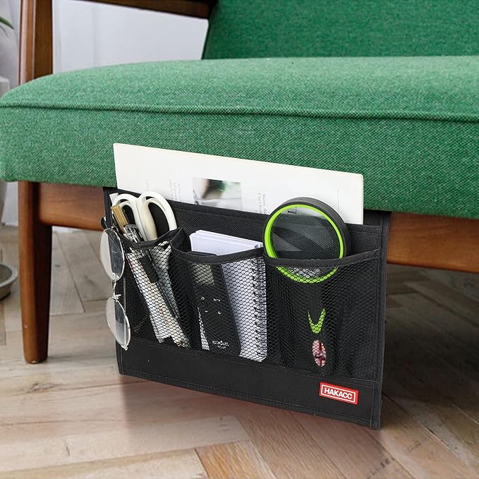 HAKACC Bedside Storage Organizer with Pockets，Bedside Caddy,Remote Control Holder Armchair Couch Caddy Sofa Armrest Bag，bed accessories,Black