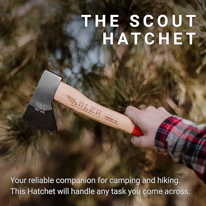 The Scout Hatchet - Compact German Made Camping & Backpacking Hatchet, 11.8" Ash Handle with Anti-Slip Grip, 0.88 lb Lightweight Design, Premium Leather Sheath (Red Stripe)