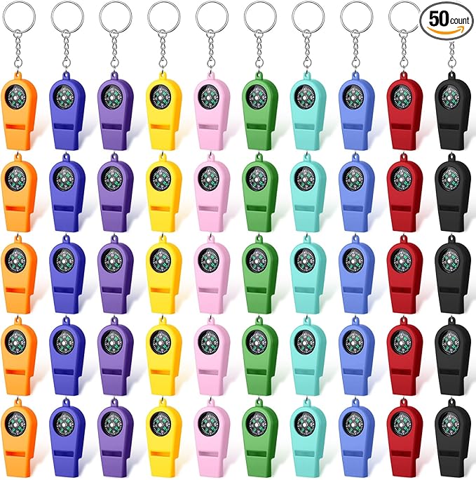 50 Pcs 2 in 1 Compass Whistles with Keychains, Emergency Survival Whistle Bulk, Easy to Carry Loud Safety for Outdoor Hiking Hunting Camping Boating Fishing(10 Colors)