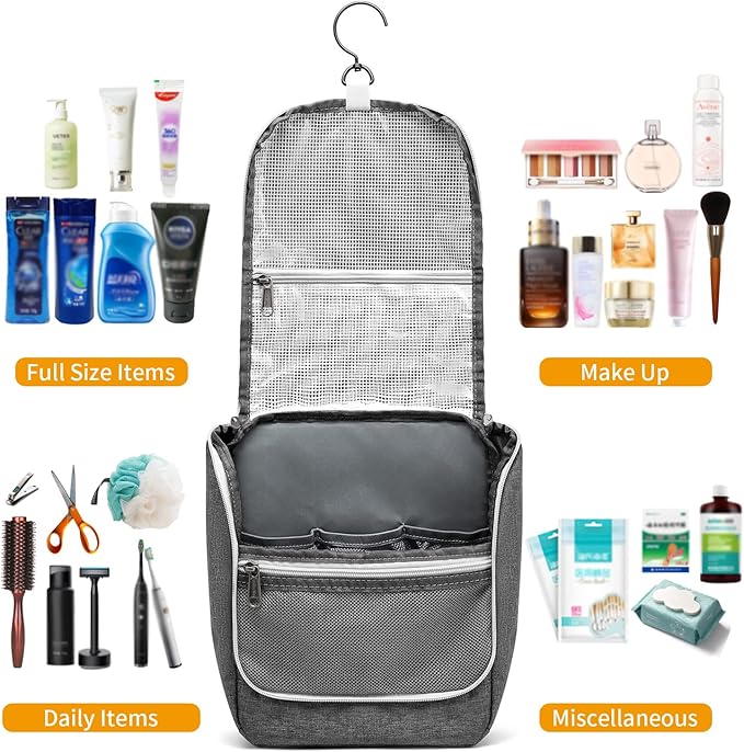 Della Gao Travel Hanging Toiletry bag for Men & Women, Water-resistant Sturdy Nylon Toiletries Organizer for Cosmetics, Makeup Brushes, Shaving Tools, Bathroom Bag, Grey