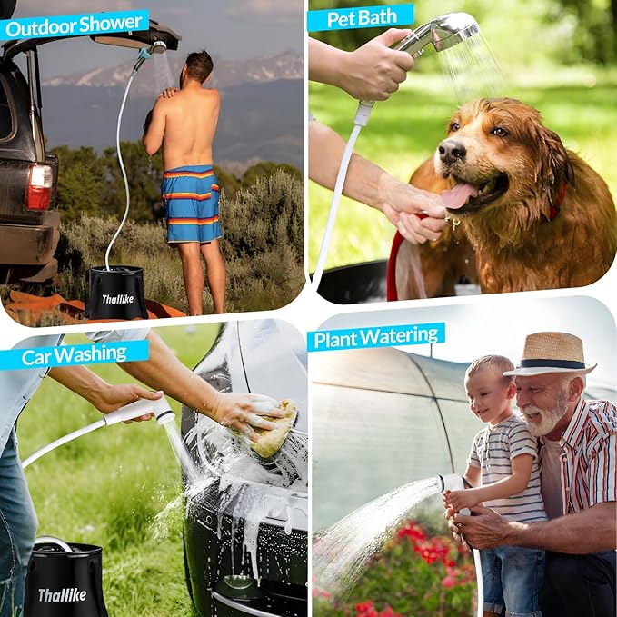 Portable Camping Shower, Pop Up Shower Privacy Tent Kit with LED Lights, 4500mAh Rechargeable Shower Pump, Filtered Shower Head & 7.4 Gallons Foldable Bucket, Outdoor Shower for Hiking Beach, Travel