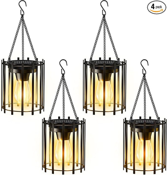 KOOPER Solar Lanterns Outdoor Waterproof, 4 Pack Upgraded Bright Hanging Solar Lights Outdoor Lanterns Decorative, Auto ON/Off Metal Hanging Lantern Lights for Pathway Yard Patio Garden Decor