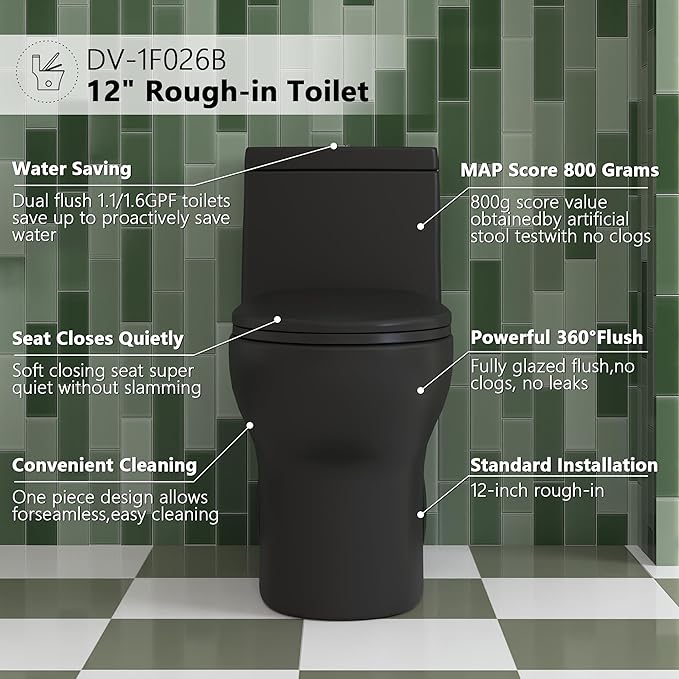 DeerValley DV-1F026B Elongated One Piece Toilet, Dual Flush 1.1/1.6 GPF Toilet with Comfortable Seat Height, Powerful & Quiet Modern Standard Toilet for Bathroom, 12" Rough-In