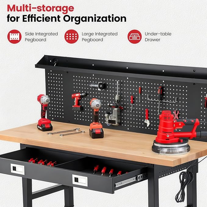 Workbench with Wheels 60 x 22 Inch Adjustable Height Work Table for Garage Heavy Duty Rubberwood Tabletop Work Bench with LED, Drawers, Pegboard, Power Outlets for Office Home Commercial