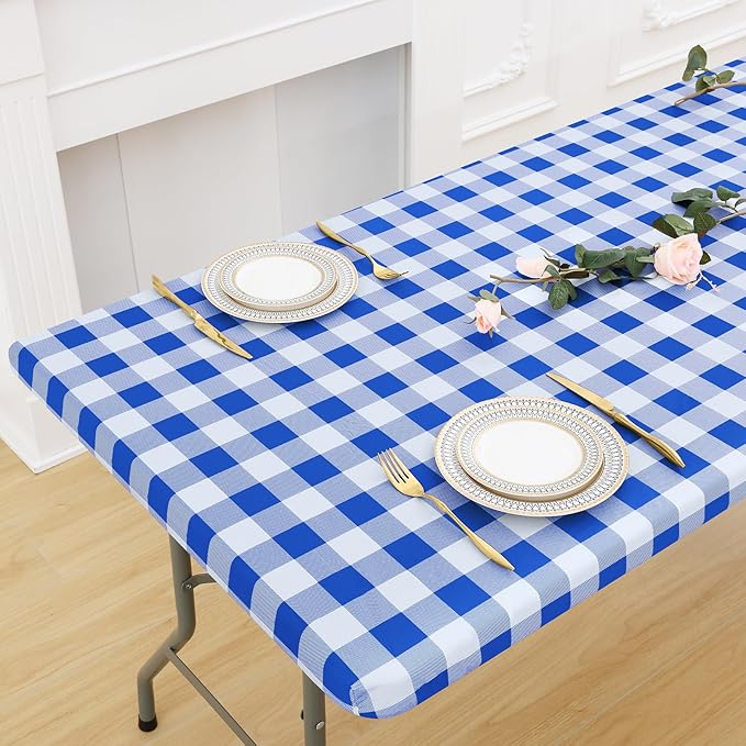 misaya Buffalo Rectangle Picnic Tablecloth, 6 Foot Elastic Fitted Vinyl Table Cloth with Flannel Backing, Waterproof Plaid Table Covers for Dining, Camping, Outdoor (Blue and White, 30" x 72")