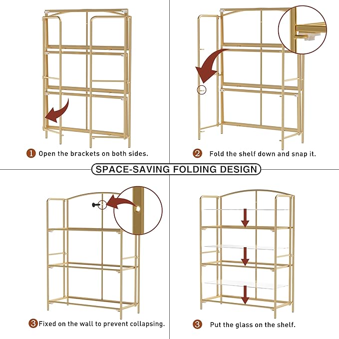 Crofy No Assembly Folding Bookshelf for Living Room, 3 Tier Gold Collapsible Book Shelf for Home Office, Portable Bookcase Storage Organizer