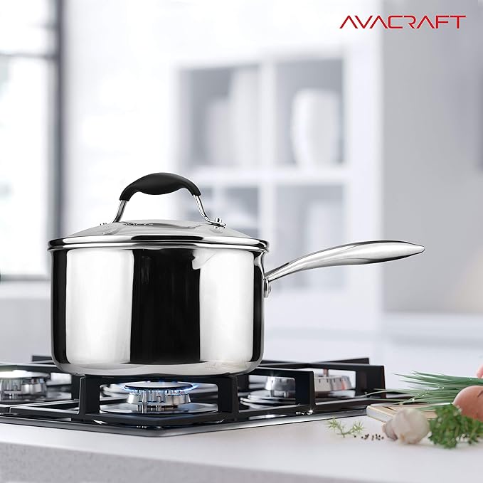 AVACRAFT Tri-Ply Stainless Steel Saucepan with Glass Strainer Lid, Two Side Spouts, Ergonomic Handle, Multipurpose Sauce Pan with Lid, Sauce Pot, Cooking Pot (Tri-Ply Full Body, 2.5 Quart)