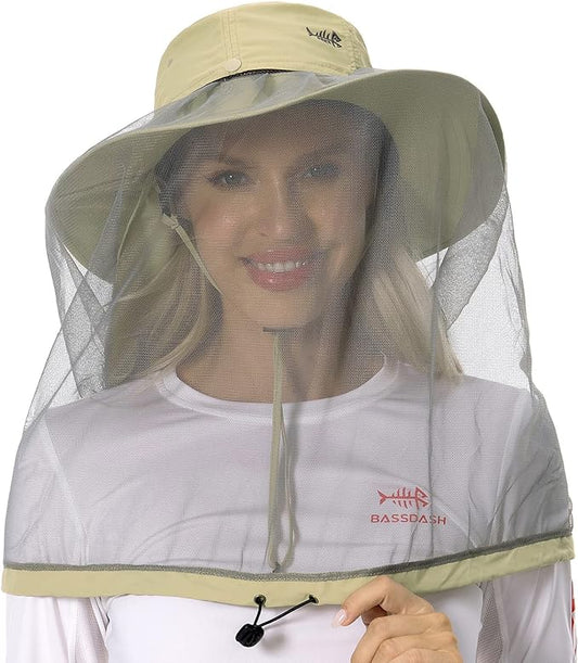 BASSDASH UPF 50+ Mosquito Sun Hat with Hidden Head Net and Neck Flap for Men Women Outdoor Fishing Hiking Camping FH16