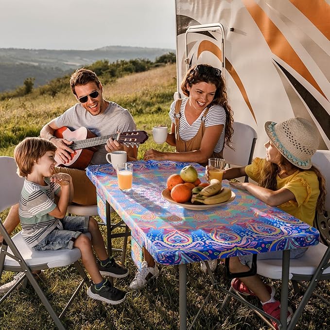 8Ft Fitted Elastic Picnic Table Cover with Bench Covers Vinyl Reusable Boho Large Waterproof Stain Resistant Camping Tablecloths Holiday Festival Decor for Camp Outdoors Parties Trips Garden