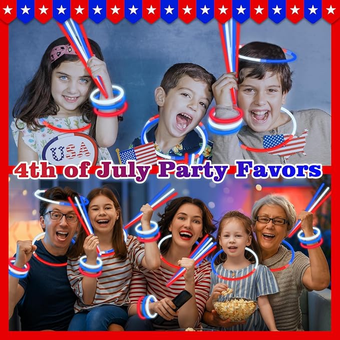 Red White Blue Accessories for Kids, Patriotic 72 PCS Glow Sticks Party Favors Birthday Games Activities & Supplies, USA Treat Goodie Gift Bag Stuffers, Light Up Party Toys Stuff Decor for America