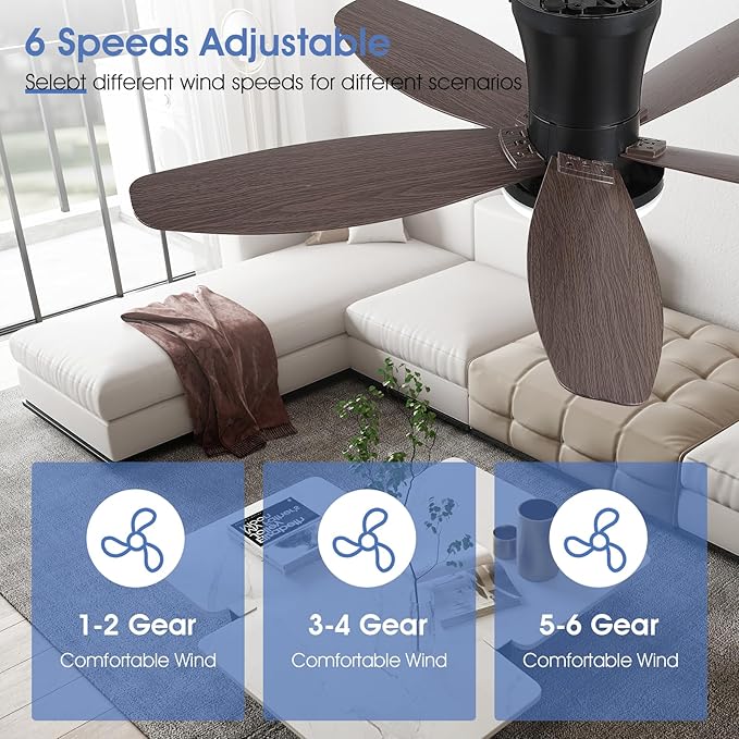 Ceiling Fans with Lights-36 Low Profile Ceiling Fan with Light and Remote/APP Control,Flush Mount,DC Reversible,LED Dimmable Modern Ceiling Fans for Bedroom,Indoor/Outdoor Patio Use(Brown)