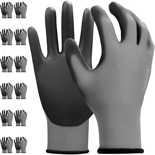 Kebada W1 Work Gloves for Men and Women, Working Gloves with Grip,12 Pairs Thin Mechanic Gloves,PU Coating on Palm & Fingers,Breathable Mens Gardening Gloves,Gray Small