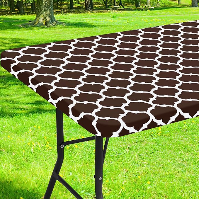 Smiry Rectangle Picnic Table Cover, Waterproof Elastic Fitted Camping Tablecloths for 8 Foot Tables, Wipeable Flannel Backed Vinyl Tablecloth Protector for Indoor, Outdoor (Coffee, 30x96 Inches)