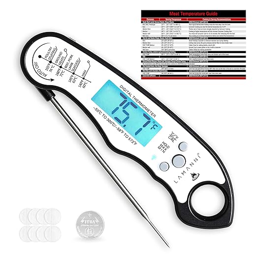 Instant Read Meat Thermometer for Cooking, Fast & Precise Digital Food Thermometer with Backlight, Magnet, Calibration, Foldable Probe, Waterproof Grill Thermometer for Deep Fry. (White Black)