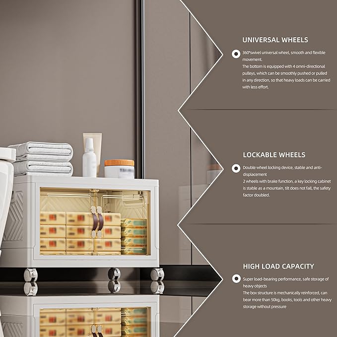 68 QT / 17 Gal White Storage Bins with 1 Lid - Collapsible Stackable Cabinet Organizer w/Wheels & Magnetic Doors, Plastic Storage Box for Office Closet Organization