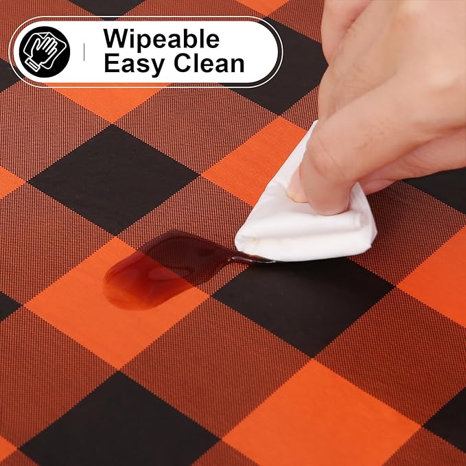 misaya Square Waterproof Vinyl Table Cloth, Buffalo Flannel Backed Tablecloth, Wipeable Plastic Table Cover for Dinner, Kitchen, Picnic (60" x 60", Orange and Black)