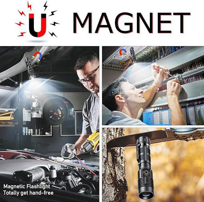 Rechargeable Magnetic Flashlight High Lumens - 1500 Meters Long Beam Super Bright LED Tactical Flashlight with Holster USB Zoomable 5Modes Small Long Beam Spotlight Flashlight for Camping