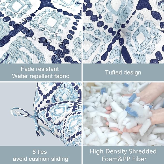 LVTXIII Outdoor Tufted High Back Cushions Set of 2 Patio Seasonal Replacement Rocking Chair Cushion with Ties, Solid Seat and Back Chair Cushion, (44” L x 22W”, Boho Geometry Blue)