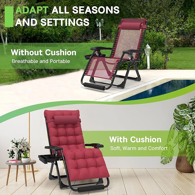 ZENPETIO 29In XL Zero Gravity Chair w/Cushion, Zero Gravity Recliner Lounge Chair for Indoor and Outdoor, Reclining Camping Chair for Lawn, Anti Gravity Chair with Cup Holder and Footrest, 440LBS