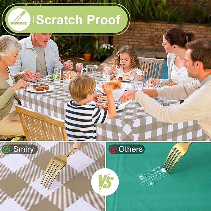 Smiry Rectangle Table Cloth, Waterproof Vinyl Tablecloth with Flannel Backing, Wipeable Buffalo Plaid Table Cover for Dining, Indoor and Outdoor (Khaki & White, 60"x102")