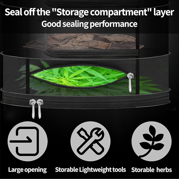 Herb Drying Rack Hanging Mesh Net，6+1 Layer Plant Drying Rack with Door-Type Zipper & Closed Storage Compartment for Folding Basket Dryer Fit in Grow Tents、Garden Outdoor