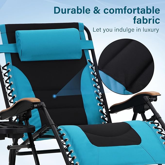 MFSTUDIO Zero Gravity Chairs, Oversized Patio Recliner Chair, Padded Folding Lawn Chair with Cup Holder Tray, Support 400lbs, Pacific Blue