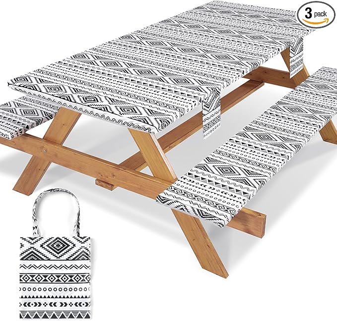 Picnic Table Cover with Bench Covers Non Slip Waterproof Vinyl Tablecloth for 6 Foot Rectangle Tables Family Gardening Needs Camping Rv Roadtrip Items for Tent Camper Useful Gift for Woman Man