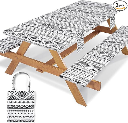 Picnic Table Cover with Bench Covers Non Slip Waterproof Vinyl Tablecloth for 6 Foot Rectangle Tables Family Gardening Needs Camping Rv Roadtrip Items for Tent Camper Useful Gift for Woman Man