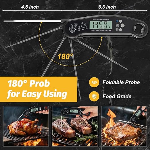Meat Thermometer Digital, Waterproof Instant Read Cooking Thermometer with LCD Backlight, Magnetic Back & Bottle Opener for Kitchen, Baking, Sous Vide, Outdoor Grilling,Candy Making
