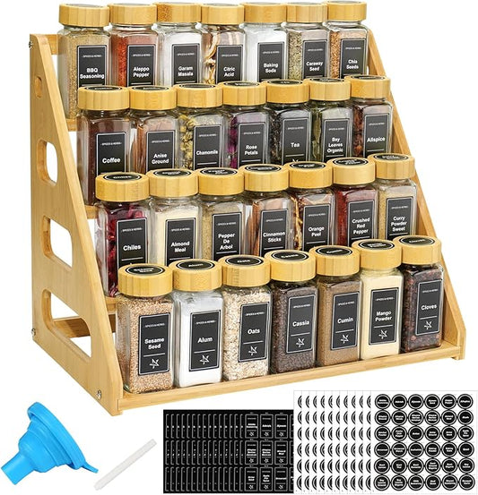 4 Tier Bamboo Spice Rack Organizer with 28 Spice Jars, 780 Labels, Wood Shelf, Chalk Marker and Funnel Set for Cabinet Kitchen Countertop, Empty 4 oz Glass Jars
