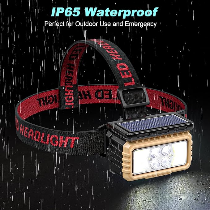 KERNOWO Solar Headlamp for Camping,Rechargeable LED Headlight for Adults with Motion Sensor, Six Adjustable Modes, Waterproof,Lightweight,Flashlight for Cycling,Hiking,Fishing,2-Pack,Black
