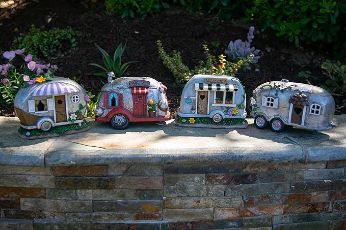 Exhart Garden Sculpture, Solar Vintage Camping Trailer Garden Statue, LED Lights, Outdoor Garden Decoration, 5 x 10 x 6 Inch