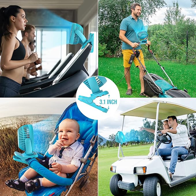Clip on Fan 65Hrs Camping Fan with LED Light, 12000mAh Battery Operated Fans & PortableFan Rechargeable, Small Desk Fans USB TravelFan for Tent Camping Golf Stroller, Blue