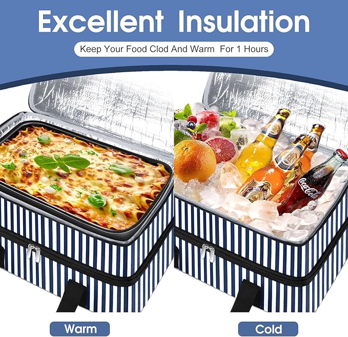 Double Insulated Casserole Carrier, Portable Casserole Carrier for Hot or Cold Food Lunch Tote Warmer or Cooler Bag, Lasagna Lunch Bag for Potluck Parties- Fits 9" x 13" Baking Dish-Blue Stripes