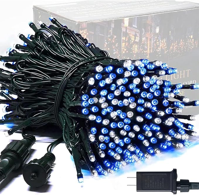 JMEXSUSS 250LED Christmas String Lights 91.5ft Extendable Green Wire Christmas Lights Outdoor Waterproof, 8 Modes LED String Lights Indoor for Tree Wedding Party Garden Patio Decoration, Blue & White