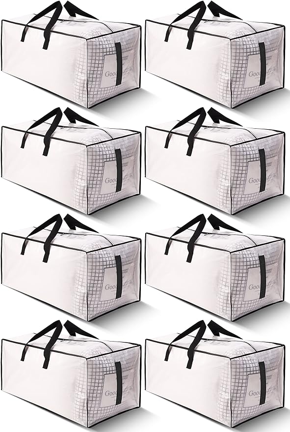 8 Pack Large Strong Moving Bags with Zippers & Carrying Handles - Water-Resistant - Heavy Duty Storage Tote for Space Saving, Fold Flat, Alternative to Moving Box (Semi-Transparent)