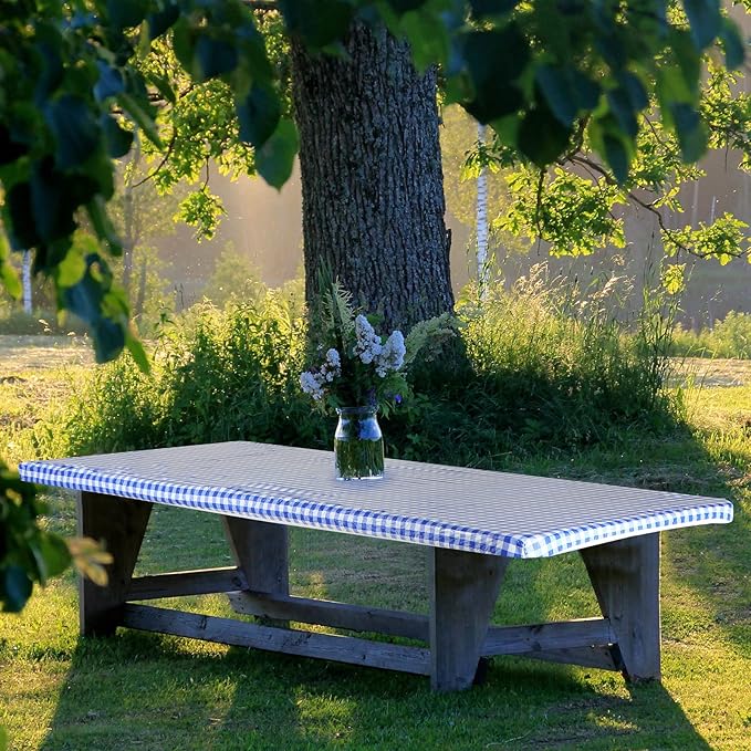 3 Pcs Plastic Picnic Table Cover Checkered Tablecloth Fitted Rectangular Table Cloth 30 x 72 Inch Vinyl Waterproof Flannel Backed with Elastic Rim for Indoor Outdoor Picnic Party(Blue and White)