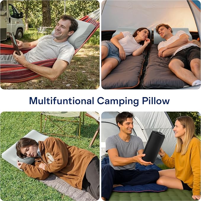 Camping Pillows for Sleeping - Memory Foam Travel Pillow 2 Heights Use - Small Travel Pillow for Camping, Hiking, Backpacking with Storage Bag (Grey)