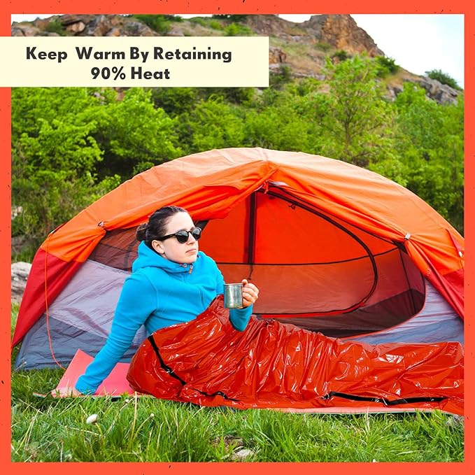 Qunclay 12 Set Emergency Sleeping Bag Survival Bivvy Sack Blanket with Whistles Lightweight Portable Thermal Survival Bag Thick Tent with Hood Extension Nylon Stuff Sack
