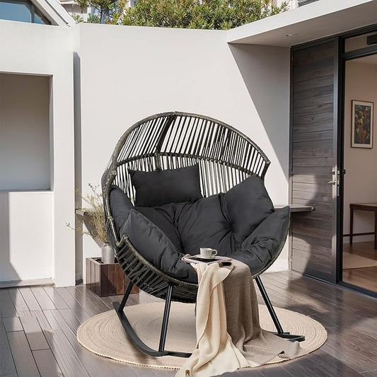 JAMFLY Egg Chair Outdoor Rocking Chairs, Wicker Patio Chair Oversized Lounger Chair with Cushion for Indoor Living Room Bedroom Outside Patio Backyard Balcony, Dark Gray
