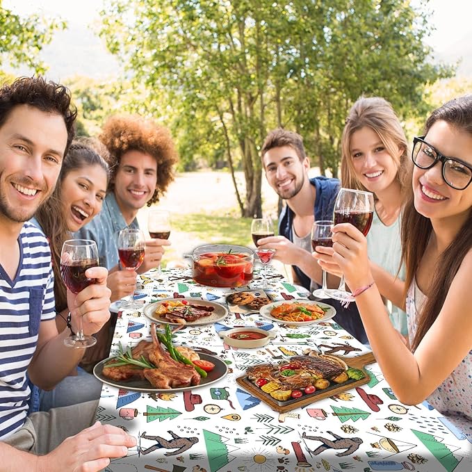 JAWO Picnic Table Covers with Bench Covers Camping Big Foot Adventure Tablecloth 8FT for 8 Person Fitted Picnic Table Cover with Elastic Windproof Waterproof Fabric, Camp Accessories Patio & Outdoor