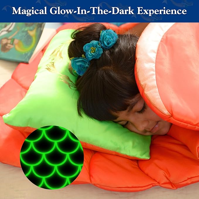 Mermaid Tail Blanket for Kids - 5-Piece Glow in The Dark Girls Slumber Set - Wearable Mermaid Tail Sleeping Bag - Ideal for Sleepovers