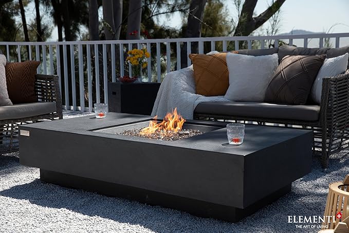 Elementi+ | Bundle Cannes Gas Fire Pit Cast Concrete 60" Rectangular Fire Table, Outdoor Fire Pit Electronic Ignition | Canvas Cover, Fire Glass and Burner Lid Included | Dark Gray | Natural Gas