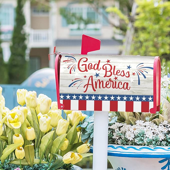 God Bless America Magnetic Mailbox Cover Happy 4th of July Independence Day Post Letter Box Wrap Standard Size 21’’x18’’ Happy Holiday Postbox Covers for Home Outdoor Garden Yard